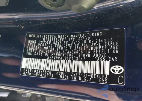 2020 Toyota Corolla Le from USA, damaged, VIN 5YFVPRAE8LP113947